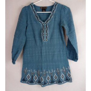 Flying Tomato Blue Boho Blouse With Embroidered Aztec Design Size Small